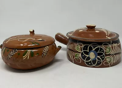 Vintage Mexican Double Handle Clay Casserole Pot Dish Lid Lot • $30