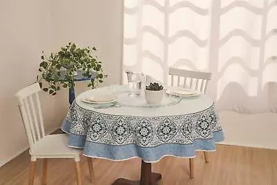 Blue Moroccan Printed Tablecloth - 60 Inch Round • $20