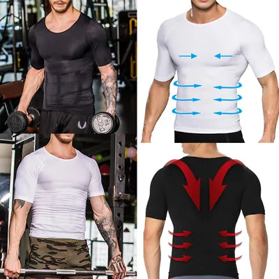Men's Ultra Lift Slimming Body Shaper Posture Corrector Vest Compression T-shirt • £14.79