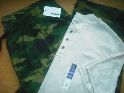 Mens NWT Pajama/Lounge SET Fleece Pants/SS Henley Shirt Green Navy CAMO Sz:4XL • $21.90