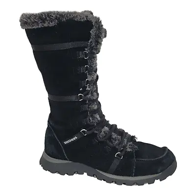 Skechers Womens 8 Grand Jams Tall Lace-Up Side Zip Faux Fur Winter Boots Black • $49.49