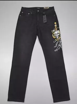 Ed Hardy Slim Jeans Denim 5 Pocket Embroidered Skull Snake Panther Black Stretch • $70