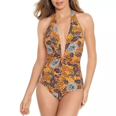 NWT Amoressa By Miraclesuit Rhiannon Dream Plunge One Piece Swimsuit Gold Dust 8 • $79.99