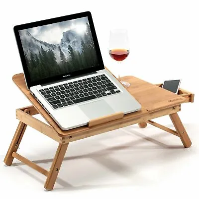 Bamboo Adjustable Folding Laptop Table Bed Tray PC Desk Stand W/ Cool Fan Drawer • £16.99