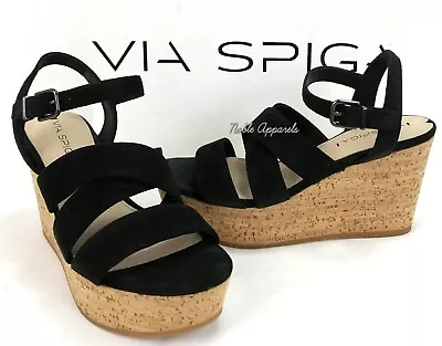 VIA SPIGA Women's Kendall Platform Sandals Black Suede Wedge Heel Orig $250 • $37.05