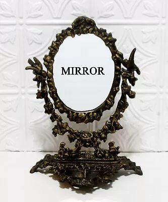 Table Top Mirror Cast Iron Oval Vanity Swivel W/Jewelry Tray Vintage Victorian • $40