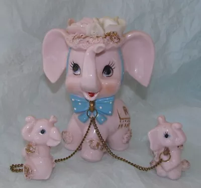 Vintage NAPCO 1G4479 PINK ELEPHANT FAMILY Mom & 2 Babies CHAINED  Spaghetti Trim • $29.95