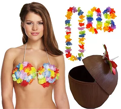 Ladies Hawaiian Flower Hula Bra Coconut Cup 4 Pc Lei Summer Beach Party Set • £12.99