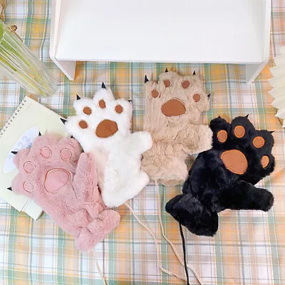 $7.50 • Buy Cute Cat Claw Bear Paw Gloves Warm Plush Cashmere Half-finger Mittens Solid Soft