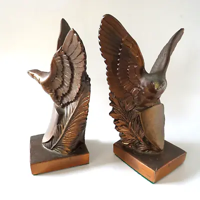 Vintage Pair Copper Cast Metal Bookends Eagles W Shields Wings Outstretched 7  • $15.50
