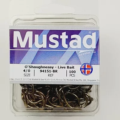 Mustad Hooks 94151-BR-4/0-100 Brown Short O'Shaughnessy 3X Strong Live Bait Hook • $16.97