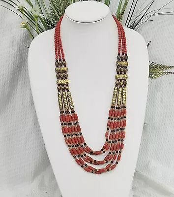 Vintage Brass & Burnt Orange Bead African Tribal Ethnic Multi Strand Necklace • $22.95