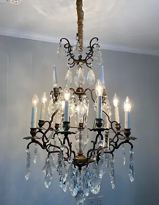 Antique Bronze French Crystals Large 34x25 In  Chandelier Nine Lights Circa 1930 • $1750