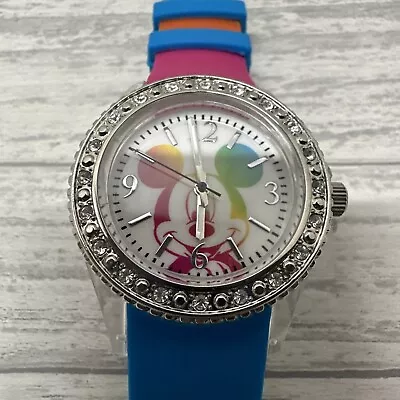 Disney Watch Rainbow Neon Band Large Face Jeweled Mickey Mouse MCK717 Read • $14.97