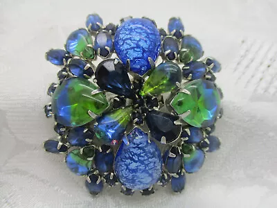 Vintage Estate Jewelry Signed Weiss Green/blue Givre Glass Rhinestone Brooch Pin • $89