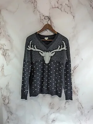 J Crew Sweater Womens Small Gray Wool Reindeer Fair Isle Nordic Birdseye V Neck  • $11.48