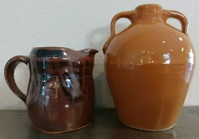 Brown & Tan Handmade Double Handle Ceramic Vase & Creamer Vintage • $9.99