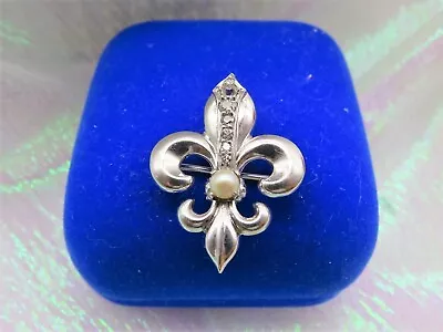 Vintage 14k White Gold Diamond & Pearl Fleur De Lis Ladies Brooch*watch Pin*~* • $459