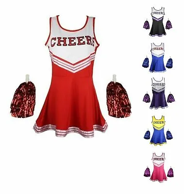 Cheerleader Outfit Fancy Dress Uniform Costumes With Pom Poms • £12.95