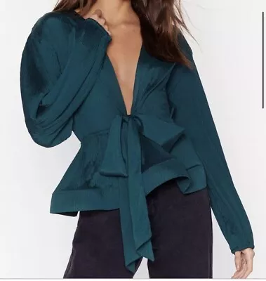 Pleat Don’t Call Green Plisse Plunge Tie Blouse Size Medium • £2.49