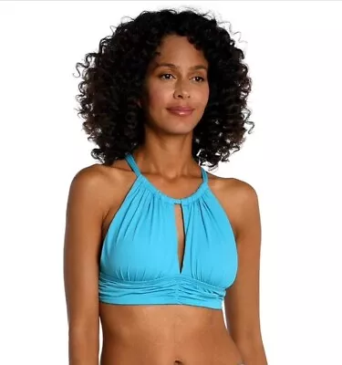 La Blanca Island Goddess High Neck Midkini Bikini Top Azul Size 12 • $22.49