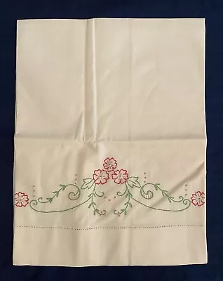 Vintage Hand Embroidered Linen Floral Pillowcases Pink Green Hemstitch Set Of 2 • $21.99