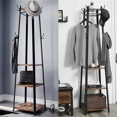 Heavy Steel Frame Coat Stand 4-Ladder Clothes Rail Hat Bag Rack Hooks Shelf Hold • £45.94