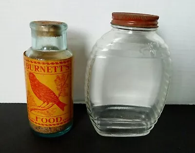 Lot 2 Vintage Antique Glass Bird Food Bottles Burnetts W/ Label Contents & Hartz • $51