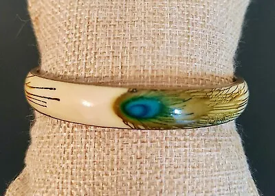 Vintage Peacock Feather Print Enamel & Brass Bangle Bracelet • $2.99
