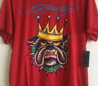 Ed Hardy Crowned Bulldog Cotton  Blend Red Mens Stretch T-shirt Size L Nwt • $24.99