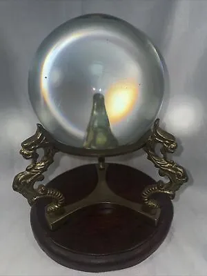 Vintage Crystal Ball On Brass Stand With Dragons~wooden Base • $480