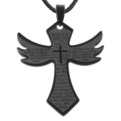 Mens Genuine Leather Thong Cord Necklace With Angel Wing Cross And Lords Prayer • £3.99