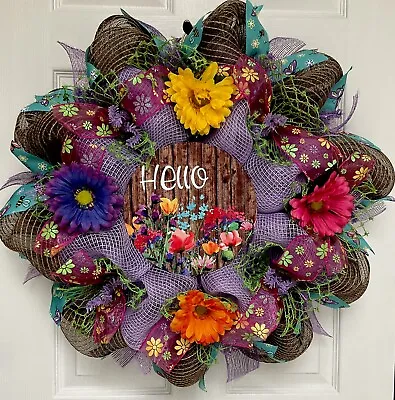 Hello Floral Wreath Handmade Deco Mesh • $115