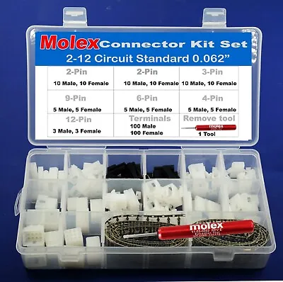 287pcs MOLEX 2-12 Pin Standard .062  5.0A Connector Kit 18-24 AWG W/ Remove Tool • $82.95