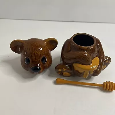 Vintage Ceramic Bear Honey Pot Jar 5.75  Golden Brown With Dipper Taiwan • $11.11