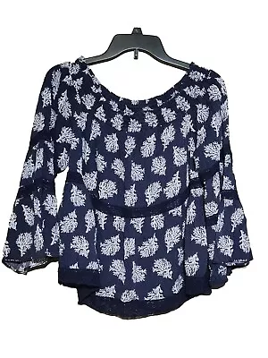 Michael Kors Blouse Tunic Womens Large Navy Blue Floral 3/4 Bell Sleeve  • $18