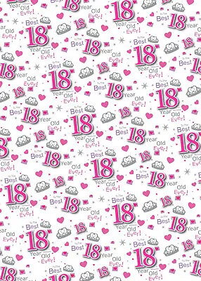 2 Sheets 18th Birthday Wrapping Paper 18 Giftwrap Female White Pink  (AWU-W47) • £2.49