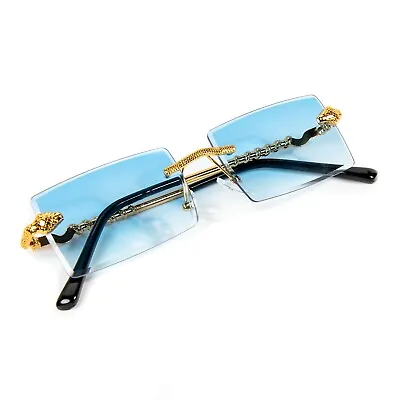 Men's Rimless Sky Blue Tint Hip Hop Rectangular Gold Frame Sunglasses • $10.99