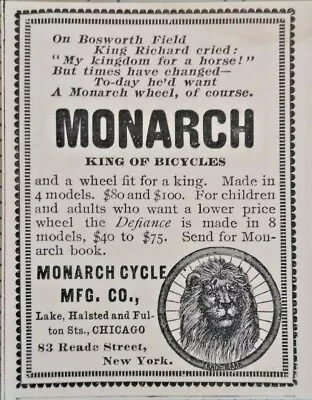 Antique Monarch Bicycle Vintage Print Ad 1896 Lion Art Chicago Illinois • $19.99