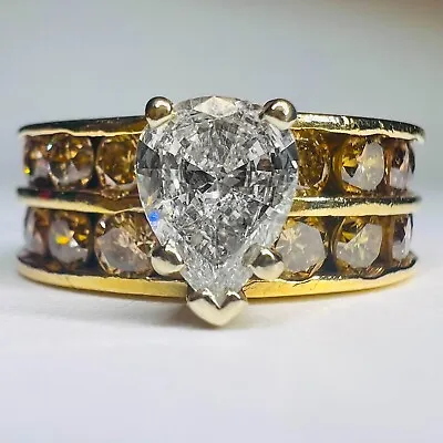 14k Yellow Gold 3ct T.w. Pear Cut Diamond Wedding Ring Bridal Set Size 6.5 9.3g • $6175