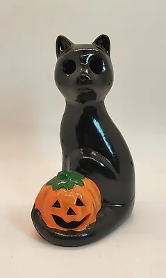 Ceramic Black Cat Jack-o'-lantern Tea Light Candle Holder Glows Vintage Adorable • $15