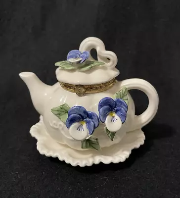 Mud Pie 1998 ~ Purple PANSY TEAPOT & SAUCER ~ Mini Victorian Floral Trinket Box • $16.25