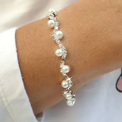 £4.86 • Buy Silver Diamante Crystal Pearl Tennis Bracelet Cubic Zirconia Bangle Bridal Gift
