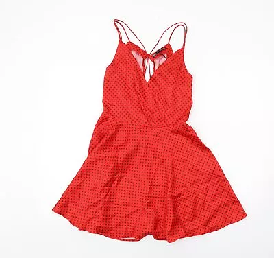 Zara Womens Red Polka Dot Polyester Skater Dress Size S V-Neck Zip • £4.50