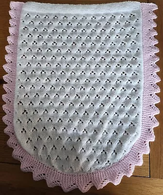 White And Pink Hand Knitted Baby Car Seat Blanket  • £12.99