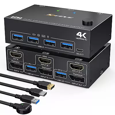 USB 3.0 KVM Switch 2 Monitors 2 Computers Displayport + HDMI Dual Monitor DP... • $125.36