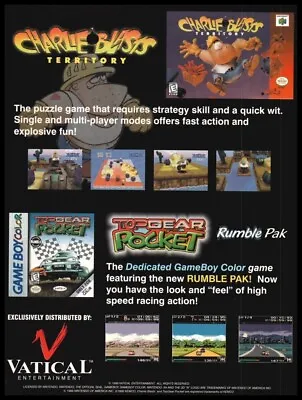 Top Gear Rocket/ Charlie Blasts 1999 Nintendo-print Ad/mini-poster-Game Room • $14.97