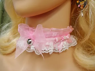 Any Size Choker Collar DDLG Kitten Play Sissy Pink Lace Bell Lolita Plus • $33.95