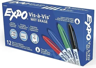 EXPO Vis-a-Vis Wet Erase Markers Fine Point Assorted Colors 12 COUNT Marker • $15.99