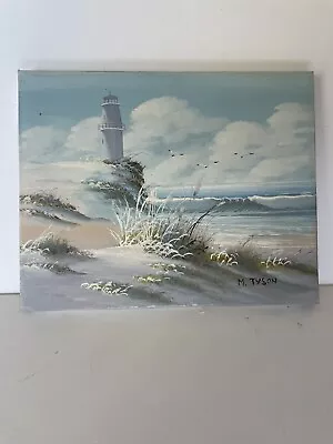 Vintage Seascape Lighthouse Painting Beach Dunes Signed M. Tyson 8 X 10” Picture • $10